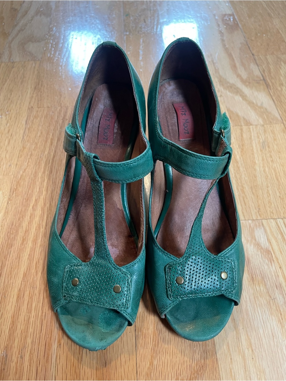 Miz Mooz Green T‑Strap Peep Toe Heels
